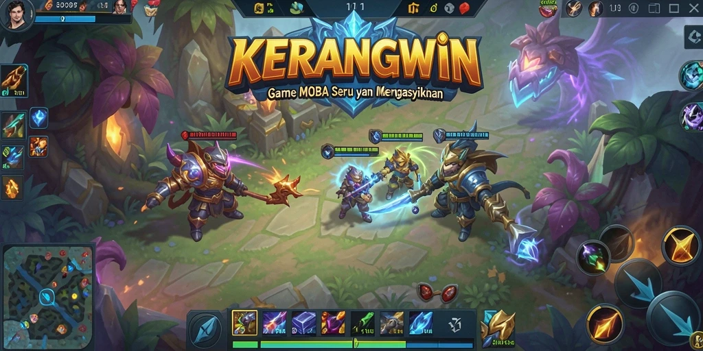 Screenshot KERANGWIN menampilkan pertempuran seru di arena MOBA.