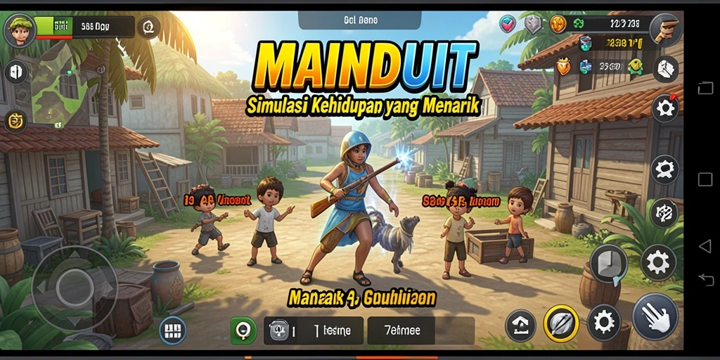 Tampilan gameplay MAINDUIT dengan suasana simulasi kehidupan yang hidup.