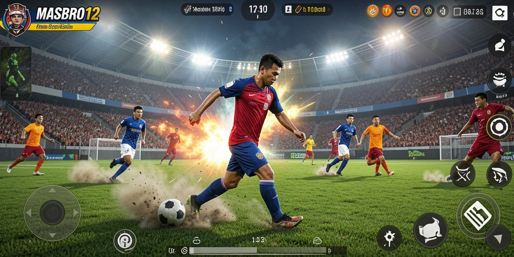 Tangkapan layar dari gameplay <strong>MASBRO12</strong> yang menampilkan momen menegangkan pertarungan di lapangan.
