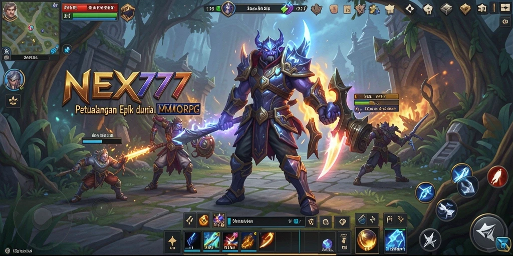 Tangkapan layar gameplay NEX777 yang menampilkan pertarungan epik dan eksplorasi dunia luas.
