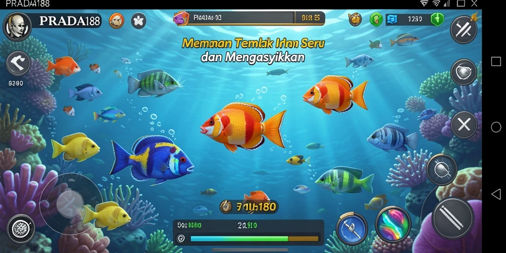 Screenshot gameplay PRADA188 menampilkan pemain menembak ikan berwarna-warni.