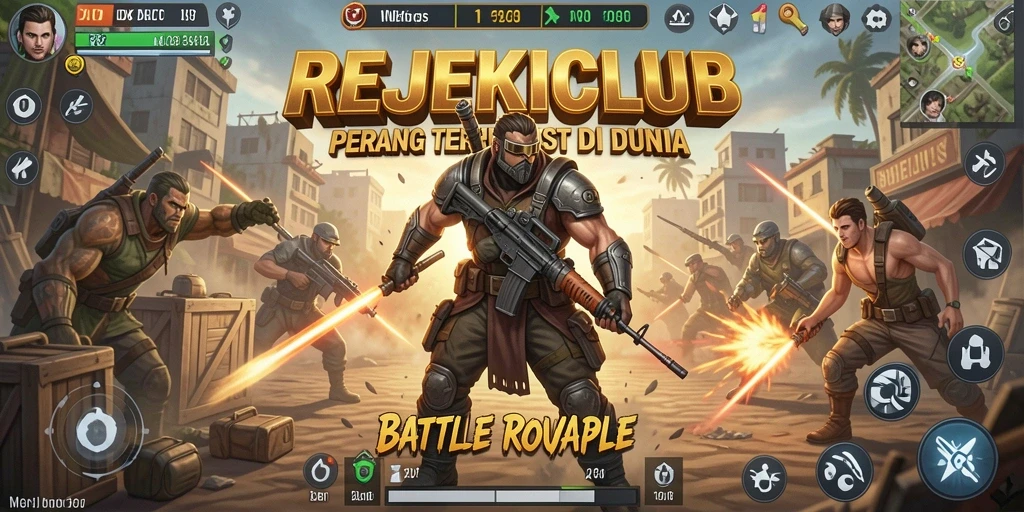 Menampilkan aksi seru dalam pertempuran Battle Royale di REJEKICLUB.