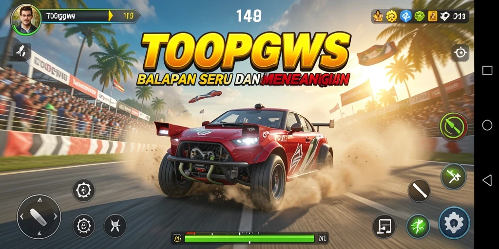 Screenshot TOOPGWS menampilkan aksi balapan yang intens dan mendebarkan.